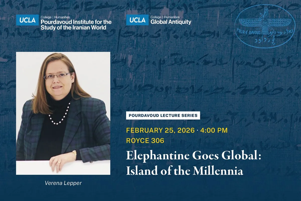Pourdavoud Lecture Series titled, 'Elephantine Goes Global: Island of the Millennia', featuring headshot of Verena Lepper.