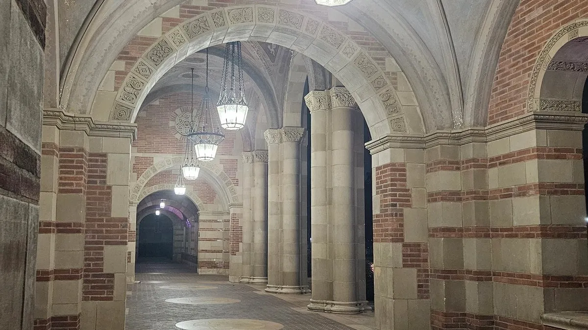 Hallway of Royce Hall exterior at night